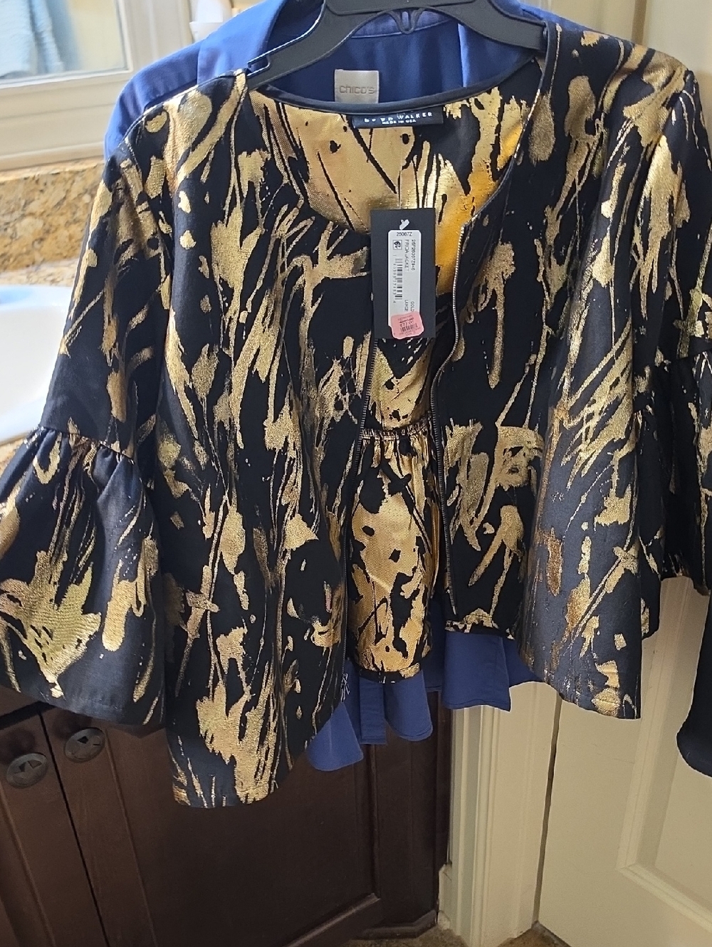Bryan Walker Black and Gold Metallic Floral Open Jacket Size L Nwt